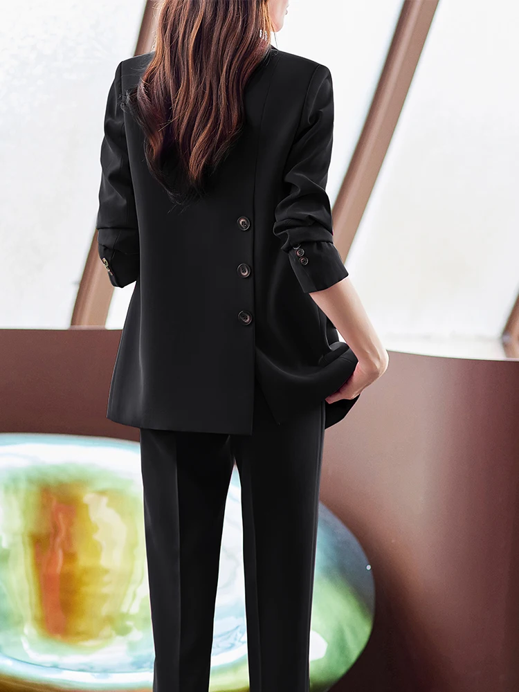 Fashion Pink Black Brown Ladies Pant Suit Formal 2 Piece Set Women Business Work Wear Long Sleeve Jacket Blazer And Trouser