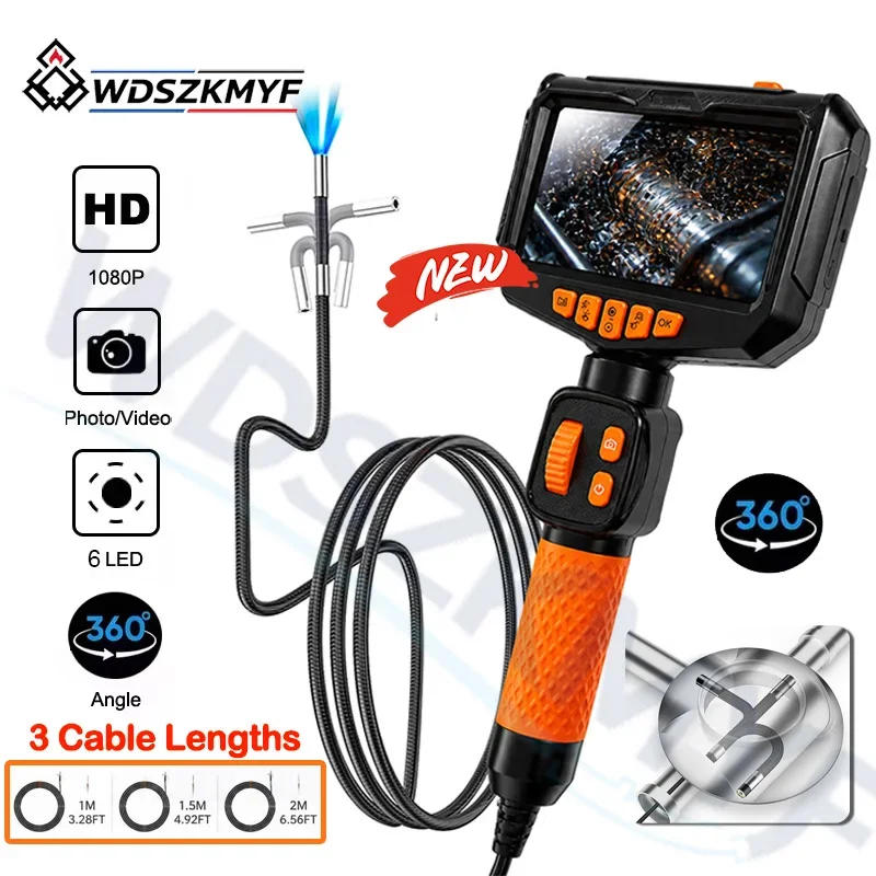 360° Articulating Industrial Piping Endoscope Camera 5inch  Borescope Inspection Snake Camera for Automotive Inspection