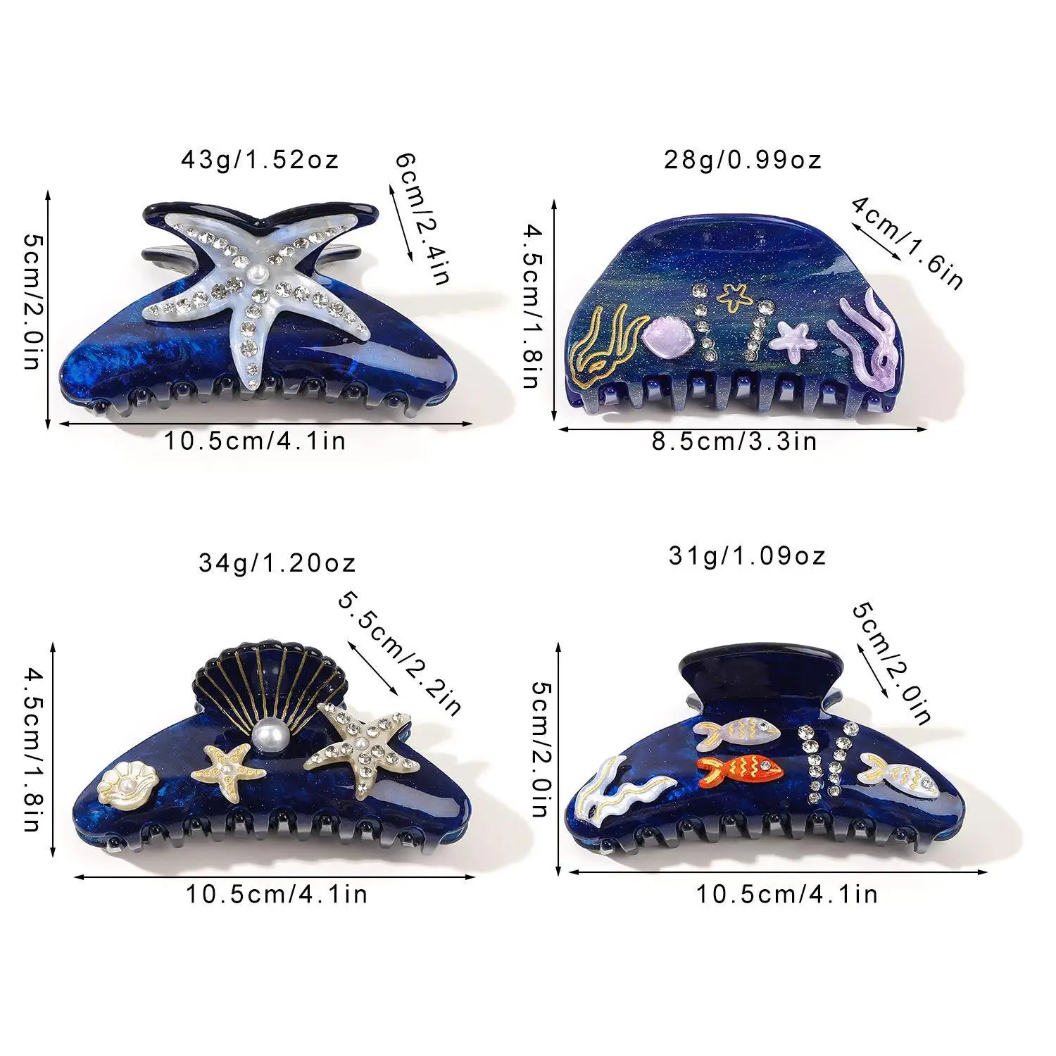 

DS NEW Beach Ocean Series Rhinestone Hair Claw Acrylic Claw Clips Summer Trendy Crab Hair Clips for Women Girls Hair Accessories