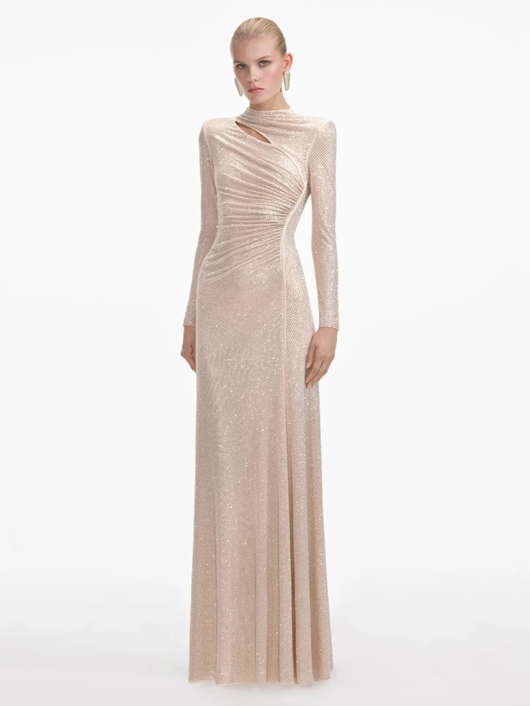 VC Women Champagne Sequin Maxi Dress – Long Sleeve Elegant Evening Gown Slim Fit Gala Dinners Party Gown Wedding Guest Dresses