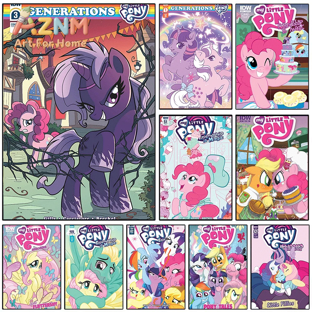 AZNM My Little Pony Comic Book Cover Canvas Painting, Frameless Canvas Wall Art, Cartoon Character Wall Painting for Bedroom L