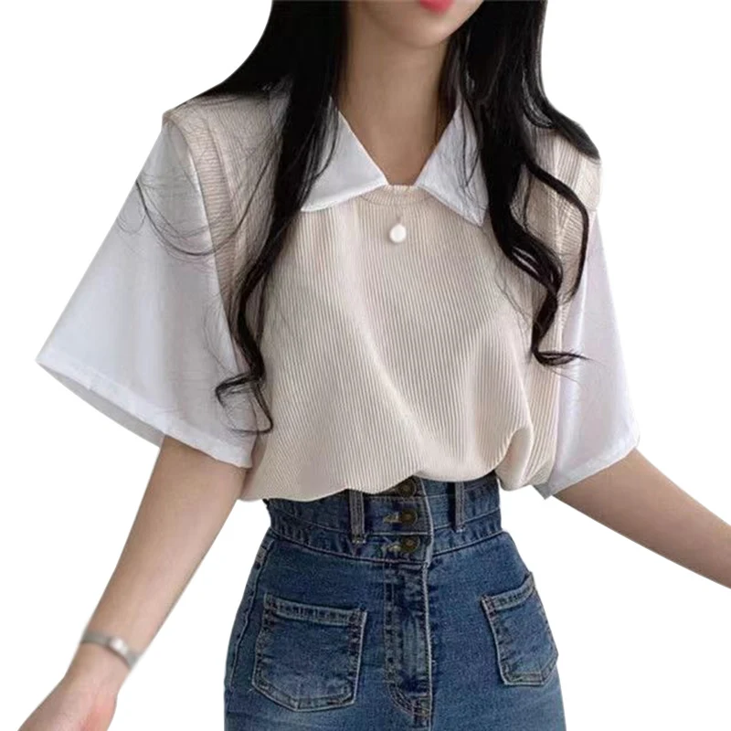 Women's Short Sleeves T-shirt College Style Fake Two Pieces Women's Top