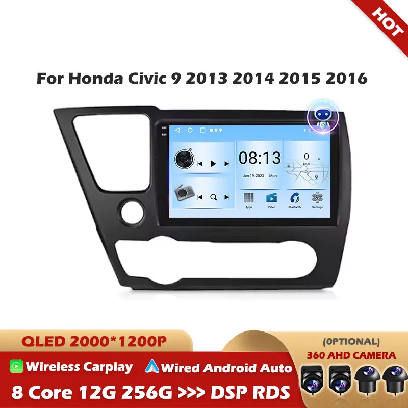 

For Honda Civic 9 2013 2014 2015 2016 Android 14 Carplay Car Radio Multimedia Video Player GPS Navigation NO 2 Din Autoradio