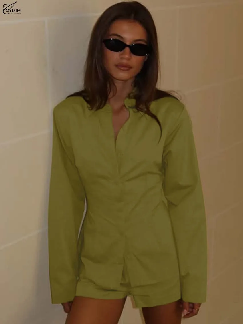

Oymimi повседневный желто-зеленый хлопковый комплект из 2 предметов для женщин: модные рубашки с длинными рукавами на пуговицах и простые шорты с высокой талией