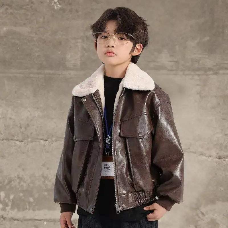 

Children's Fleece-Lined Leather Collared Jacket Collection Large Pockets Thickened Fabric Children's Clothing Trendy
