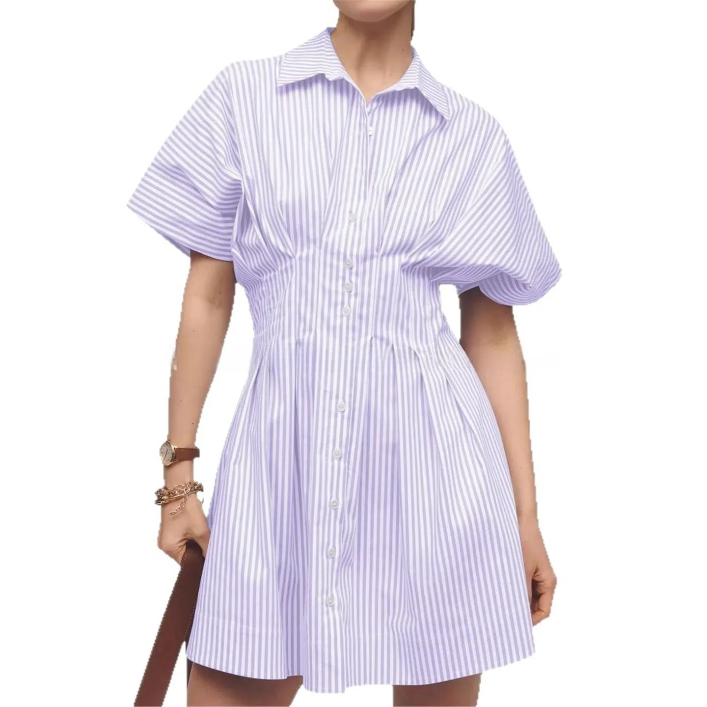 2025 nouvelle rayure multi-bleu plissé ket minceur lâche irt Dr européen Sle ort Sve femmes Faion minceur