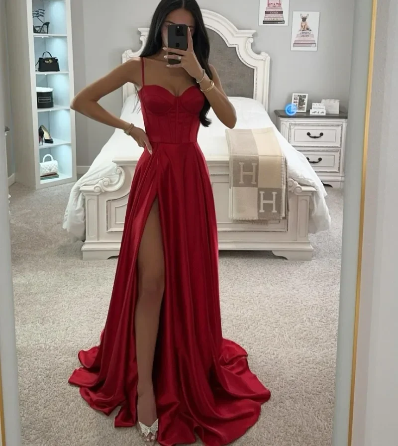 Customized Temperament Satin Evening Dress Vestidos Slit Elegant De Noche Simple Evening Robe Party Wedding Dresses Vintage Prom