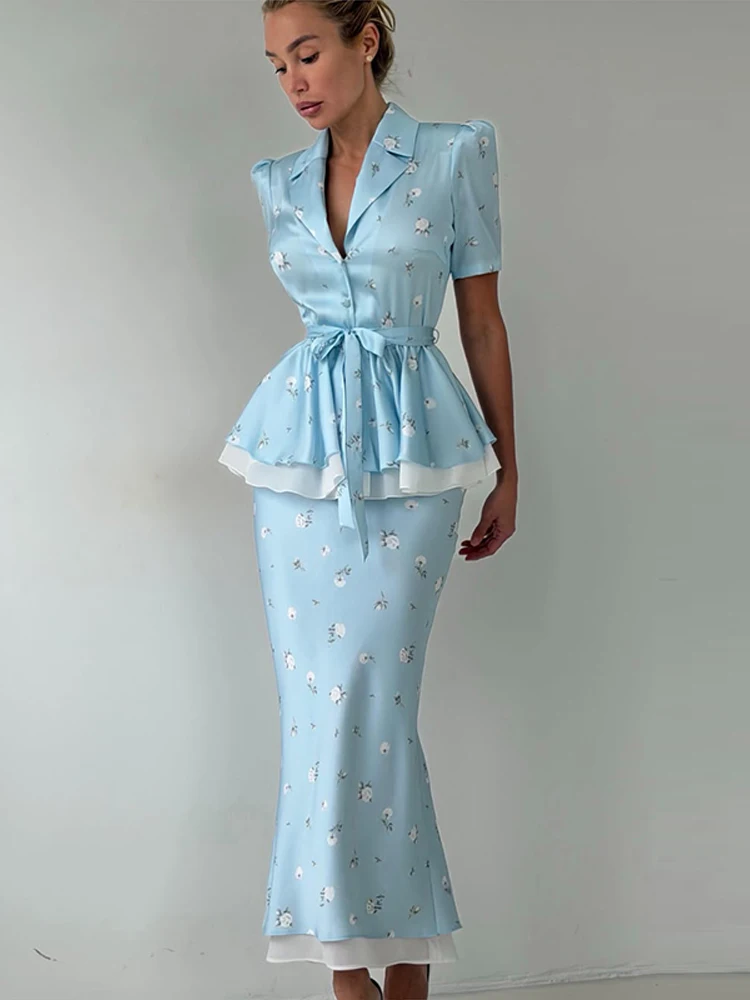 Chic Floral Printed V-Neck Peplum Top Dress Set Waist Tie Short Sleeve 2026 Summer Women Co-ord Set Retro Parisian Lady Grown