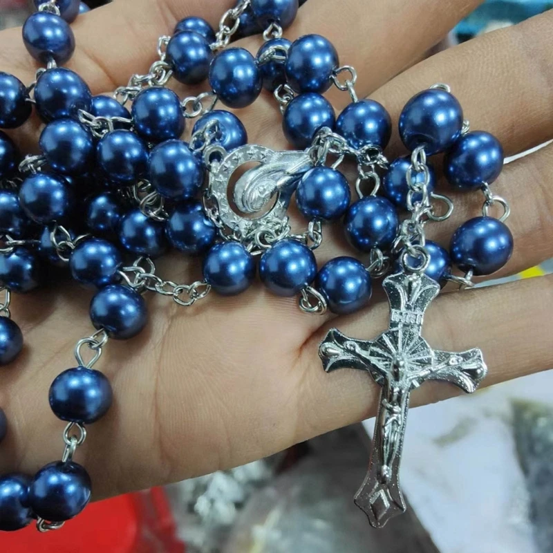 Elegant Rosary Beads Necklace Pendant Charm Neck Chain Long Pray Chains 8mm Beads Neckband Religious Jewelry