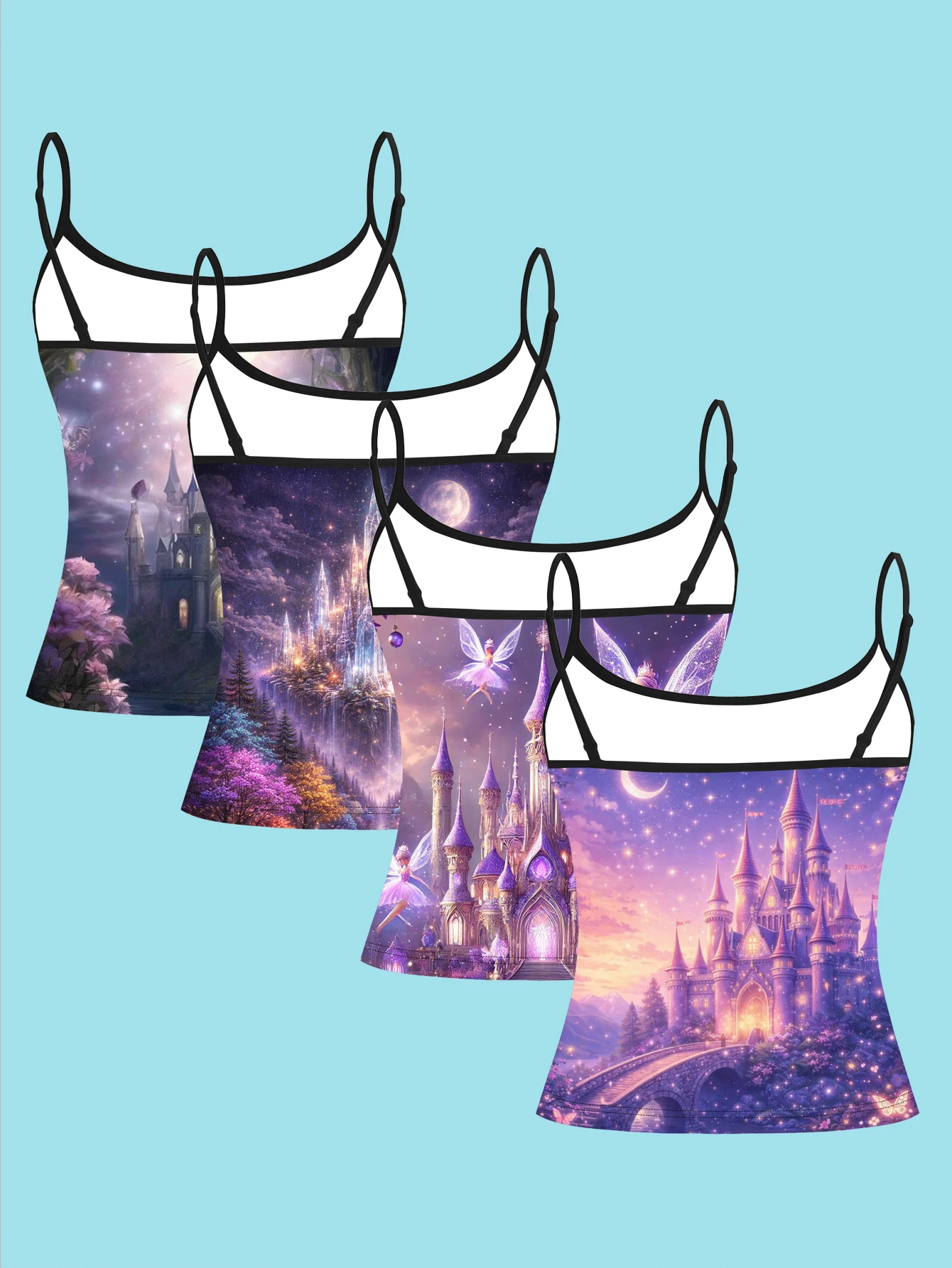 4-Piece Set of Purple Fantasy Starry Sky Castle Camisole Set with Moonlight Fairy Castle Pattern, Women's Slim-Fit Base Tank Top