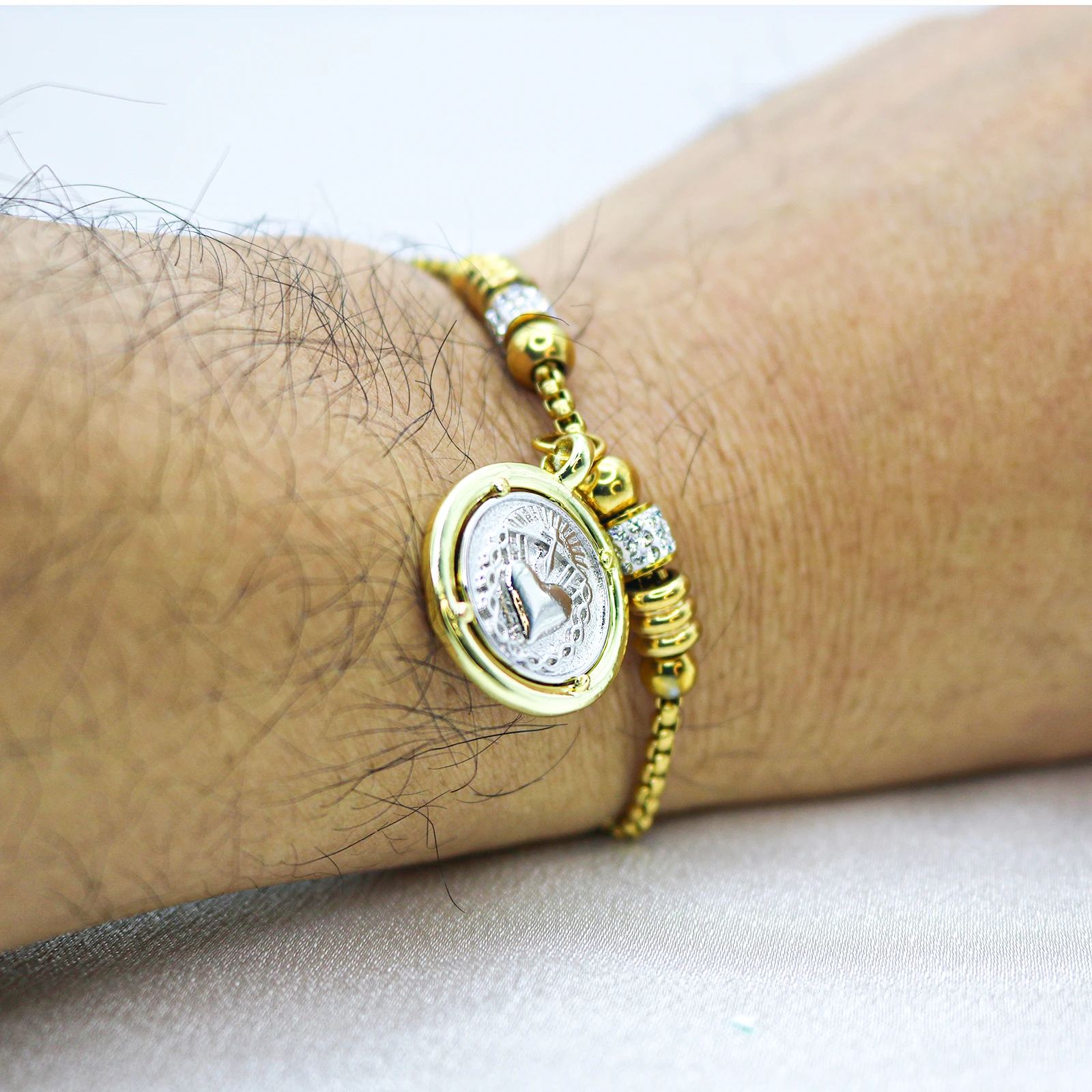 قابل للتعديل مطلية بالذهب حواف القلب المقدس يسوع ميدالية سحر أساور فضية عملة الصلاة ثعبان سلسلة سوار جوهرة الكاثوليكية #3