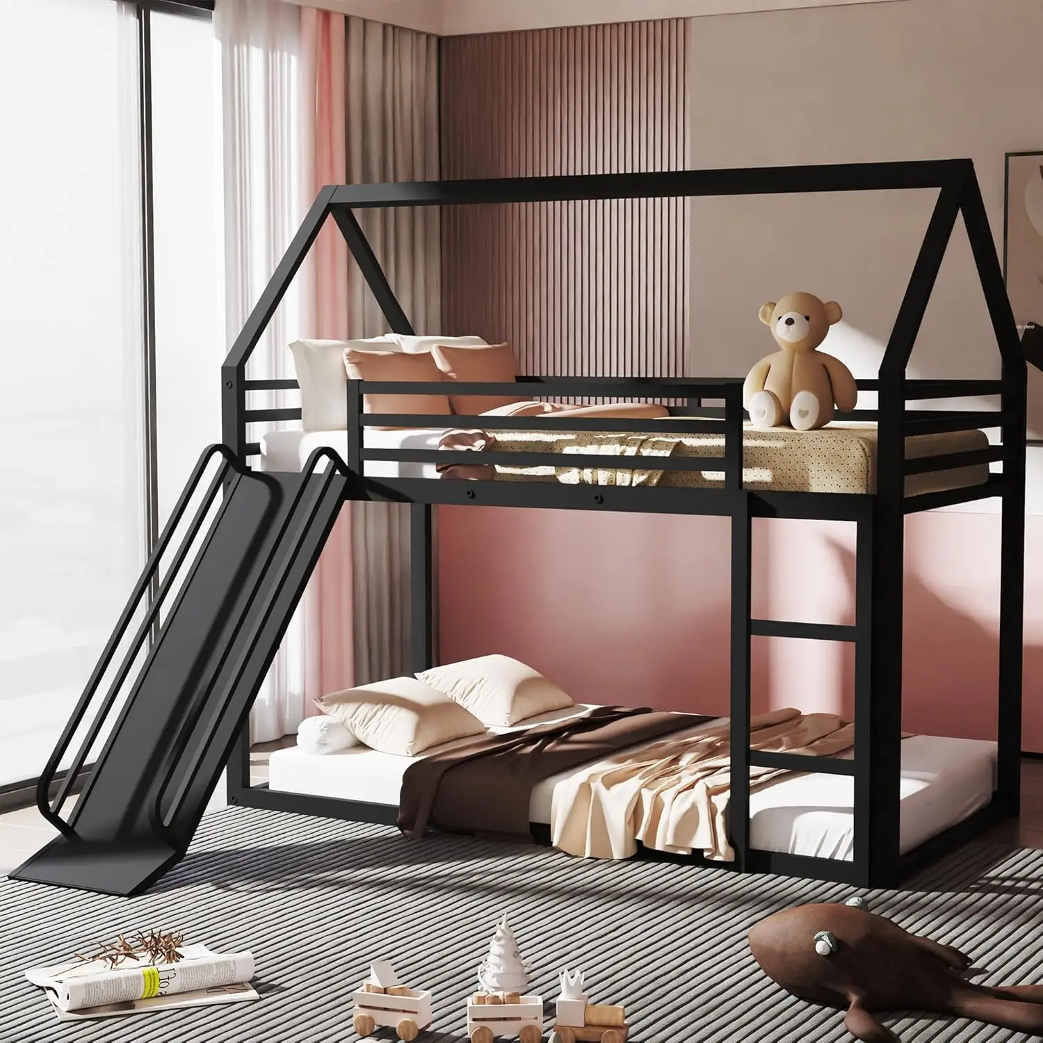 

Bunk Bed Twin Over Twin, Metal House Shaped Bunk Bed With Slide, Low Twin Bunk Bed Frame With High Guardrail, Montessori Floor