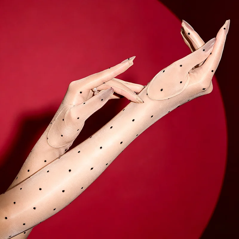 Modische Retro Aurora Dot Öl-Glanz Glänzende Dünne Damen Sexy Fünf-Finger Lange Handschuhe Hochzeit Party Elastische Enge Strümpfe Fäustlinge – Detail 6