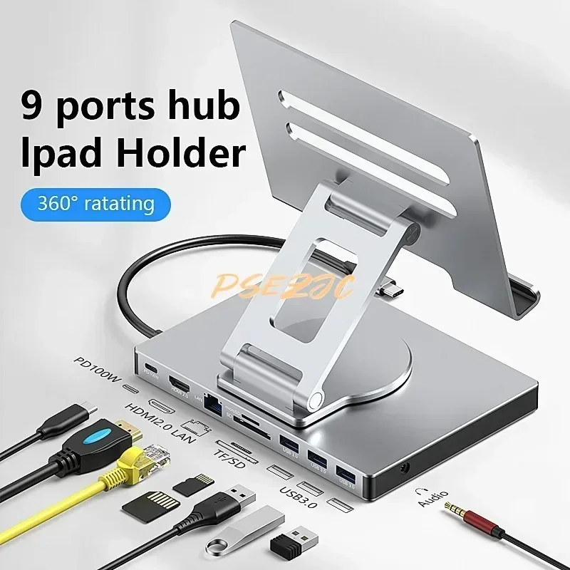 4K/60Hz พอร์ต Gigabit Ethernet USB 3.0 Splitter Hub Converter แบนขาตั้งโรตารี่ Type-c Docking Station