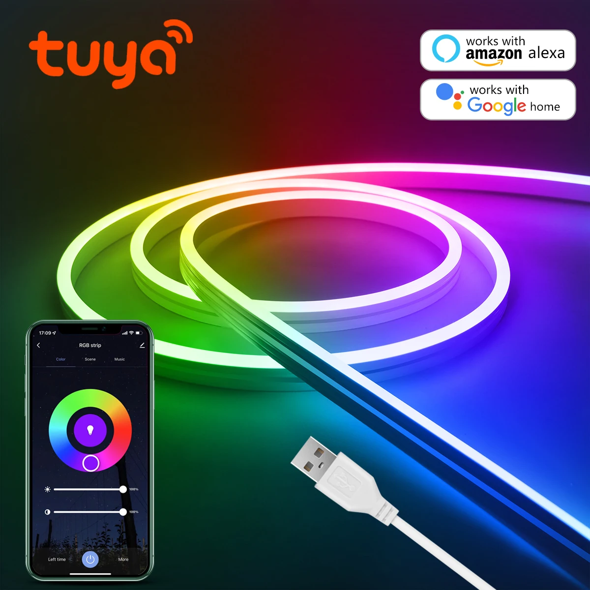 USB LED Strip Neon Lights with Tuya Smart Life WiFi APP Control RGB Neon Sign Tape Outdoor Garden Decoration Alexa Google Home