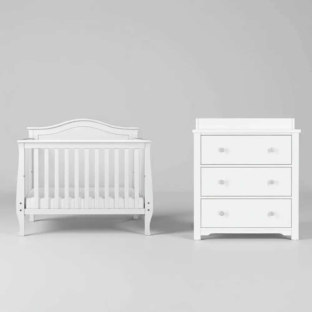 

Детский набор из 2 предметов: белая кроватка 4-в-1 и комод с 3 ящиками, регулируемый для выращивания детей