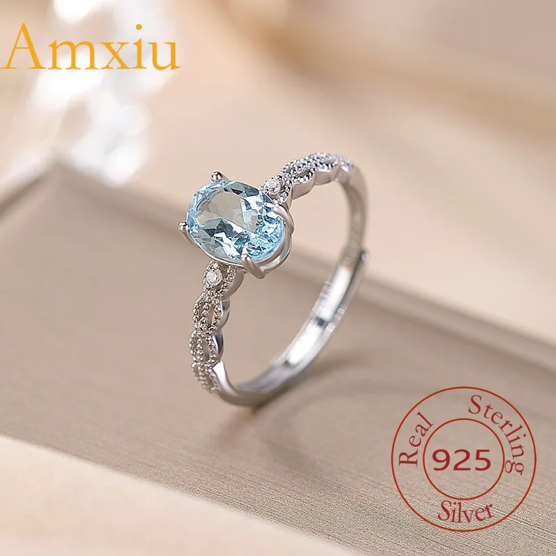 Amxiu Sterling Silver 925  Aquamarine Exquisite Faceted Egg Shape Elegant Light Luxury Versatile Commuting Women's Silver Ring