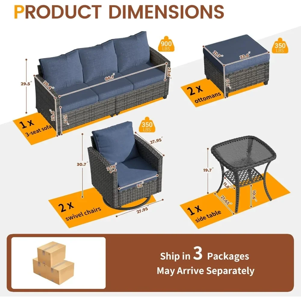 Juego de muebles de patio, sofá seccional para exteriores de 6 piezas con mecedora giratoria, sofá de ratán de mimbre gris con mesa auxiliar