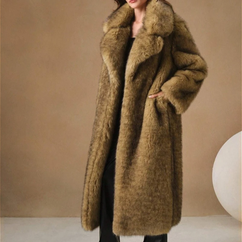 

Женская шуба из искусственного меха лисы 2026, длинная, однотонная, с отложным воротником, длинными рукавами, свободного кроя, в стиле Y2K, толстая, повседневная, для осени и зимы