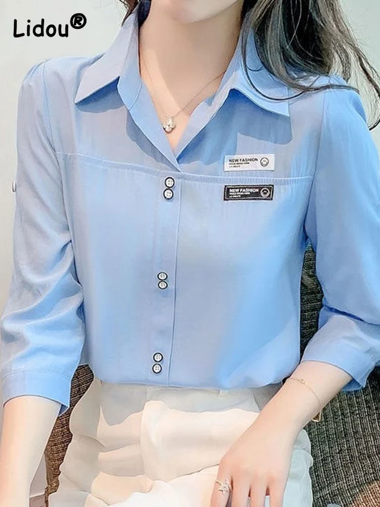 Polo-Neck Solid Color Commuter Women Shirt 2022 Summer Three Quarter Sleeve Fashion Chic Button Elegant Blouses Female Clothing