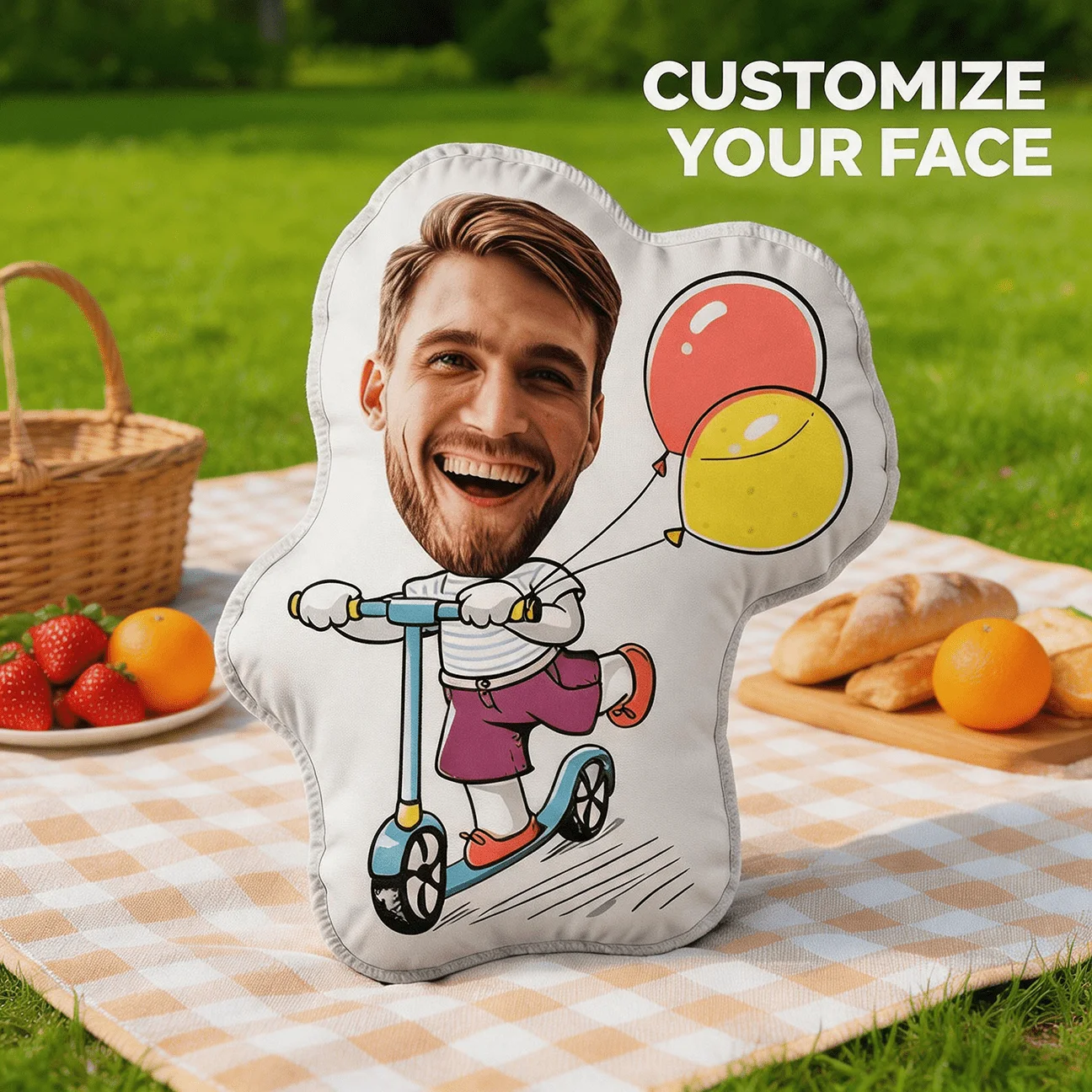 Custom Photo Face Shaped Pillow, Funny for Man On Scooter with Balloons Personalized Decorative Cushion, 70cm Home Decor Accent