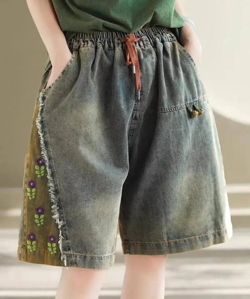 2026 Summer Embroidery Denim Short Pants Womens Loose Casual Chinese Jeans Ladies Classic Vintage Harem Trousers
