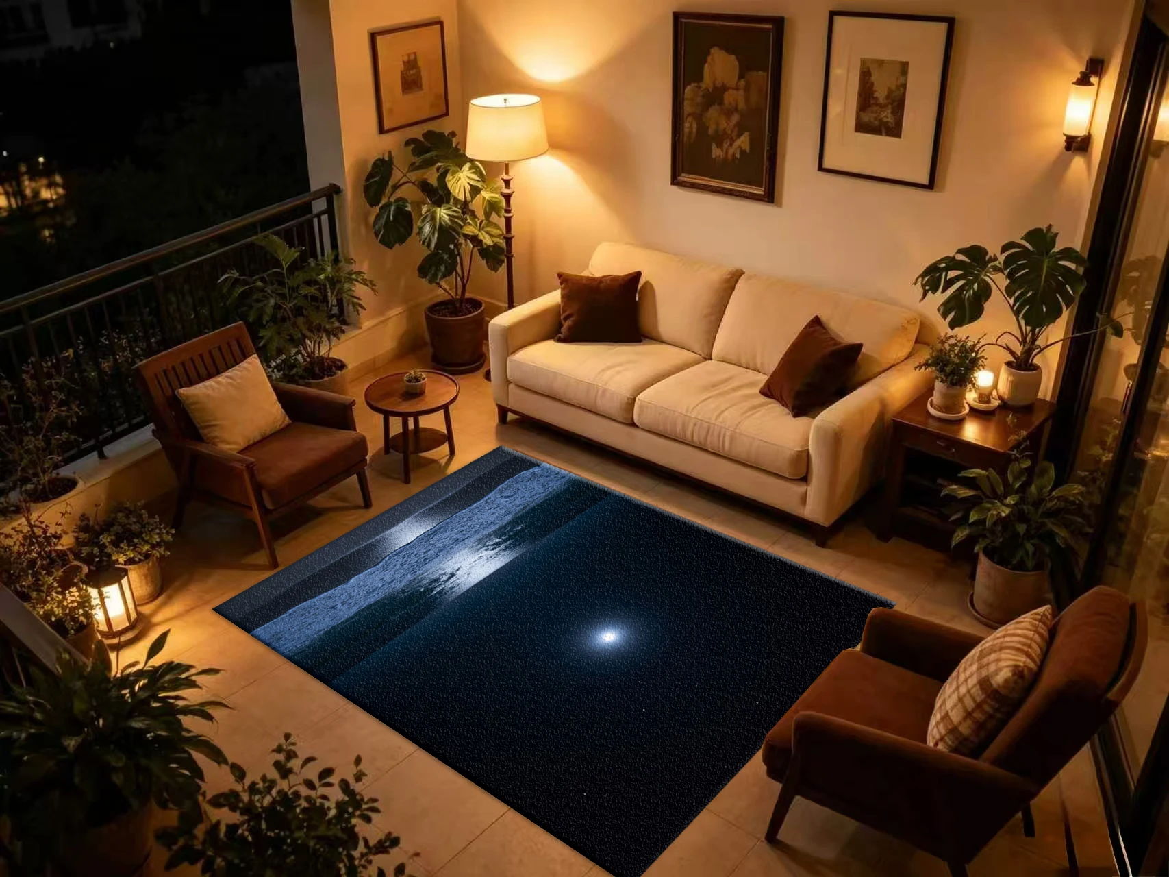 Night Moon Seaside Beach Carpet Flooring, Calm Ocean Scenery Non-Slip Area Rug for Living Room Balcony Home Floor Mat