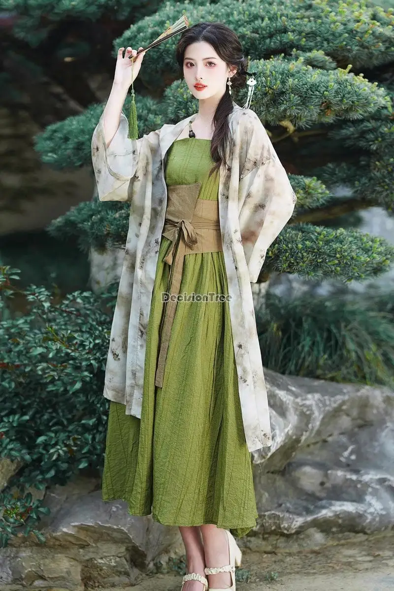 2024 chinesischer Stil neue orientalische Frauen grün Blumen orientalischen Stil Sling Kleid verbessert moderne Dame Hanfu zweiteiligen Kleid Set