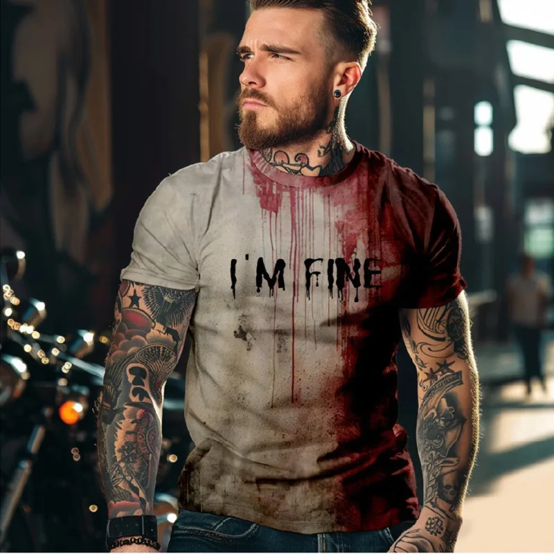 I Am Fine Gothic Street Y2K T-shirt Boy Halloween Problem S Summer Trendy Loose Bloody Style Round Neck Men's T-shirt Casual Top