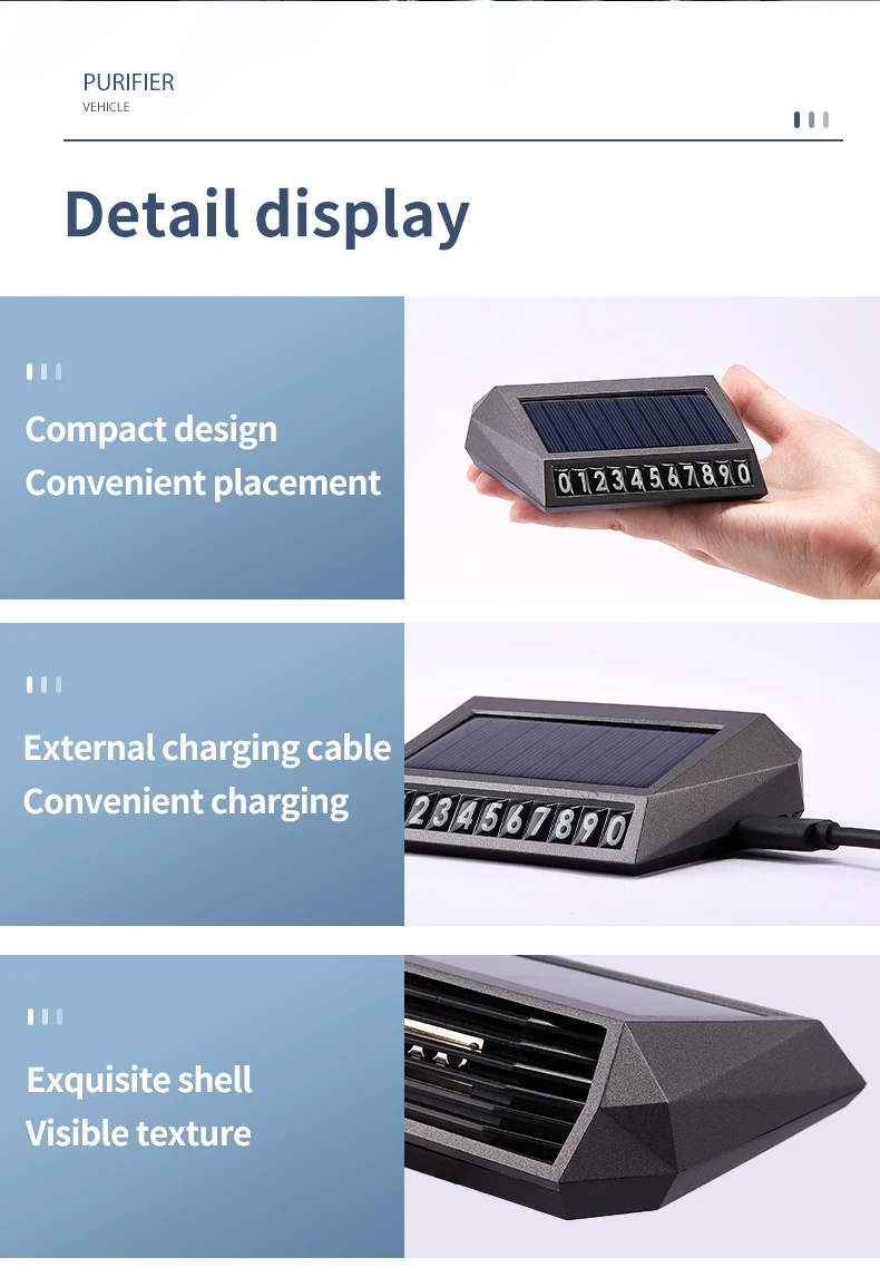Solar Auto Luft reiniger mit Ozon und negativen Ionen Geruchs beseitigung Luftfilter mit temporären Park nummern schild USB-Aufladung – Detail 3