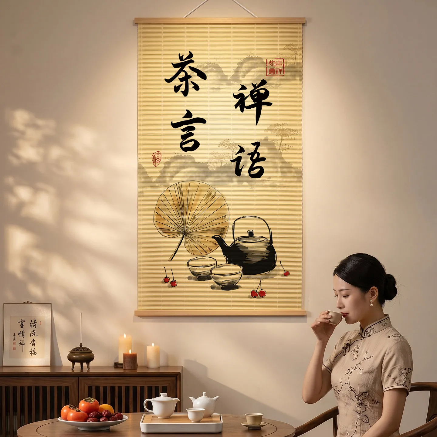 Wall Art Bamboo Scroll Tea Theme Calligraphy Pu Erh Tea Set Paintings Wabi Sabi Aesthetic for Tea Room Cafe Wall Decor