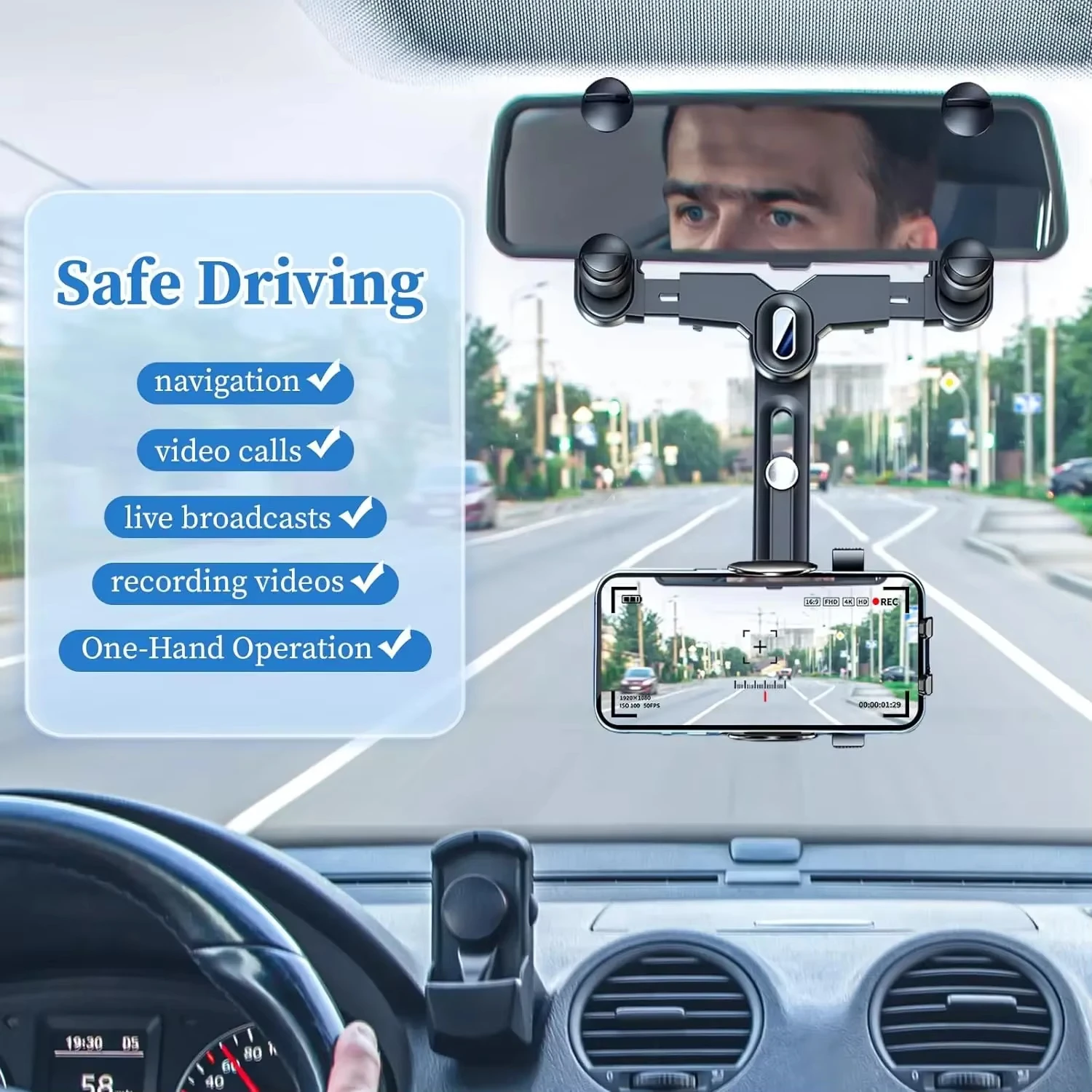 Car Rearview Mirror Phone Holder 360° Retractable Cell Phone Holder Clip Phone GPS Support  Phone Mount Stand Auto Accessories