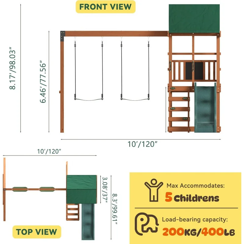 

2026 New：Swing Sets Backyard - Playground Sets Backyards, Outdoor Playset with Wave Slide, Deck, Rock Wall Lad