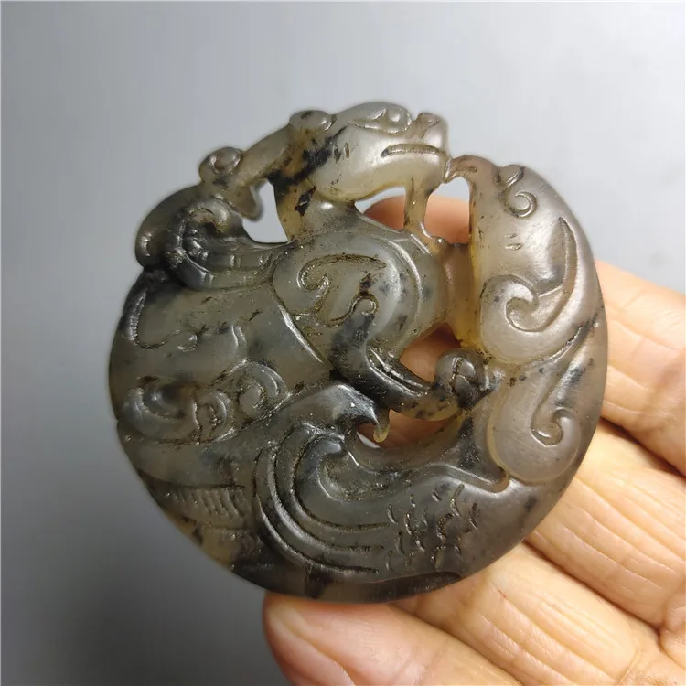 Chinese Two-sided Hollow Out Carved Dragon Phoenix Xiuyu Auspicious Beast Jade Pendant