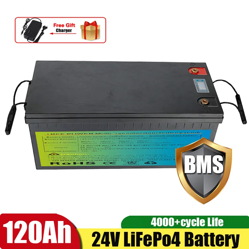 24v 120Ah LiFePo4 Rechargeable Battery Built-in 100A BMS Lithium Iron Phosphate Waterproof For Boat Car RV Solar