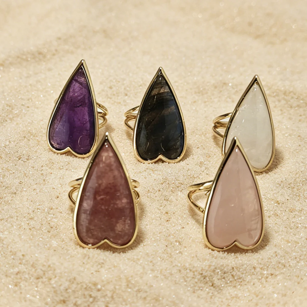 Wholesale Bulk Golden Plated Bezel Set Heart Healing Crystal Adjustable Rings Jewelry Craft Parts R2G082
