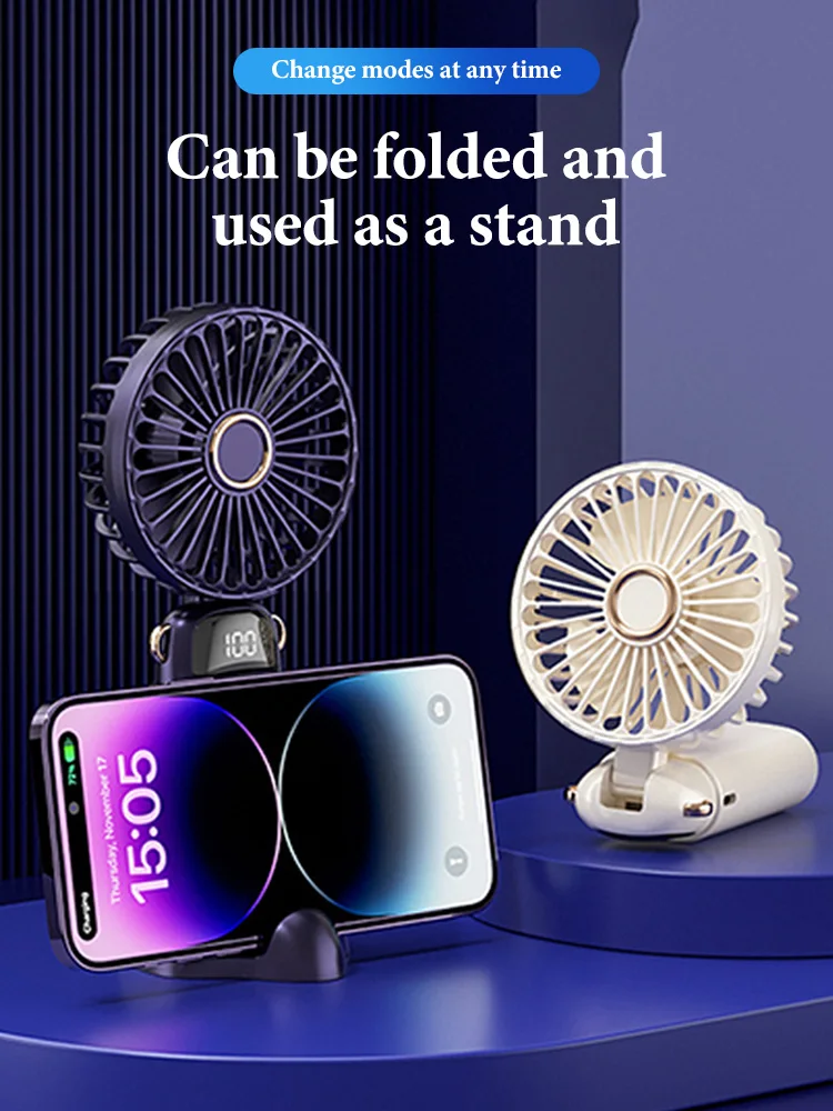 

USB Handheld Mini Fan Foldable Portable Neck Hanging Fans 5 Speed USB Rechargeable Fan with Phone Stand and Display Screen