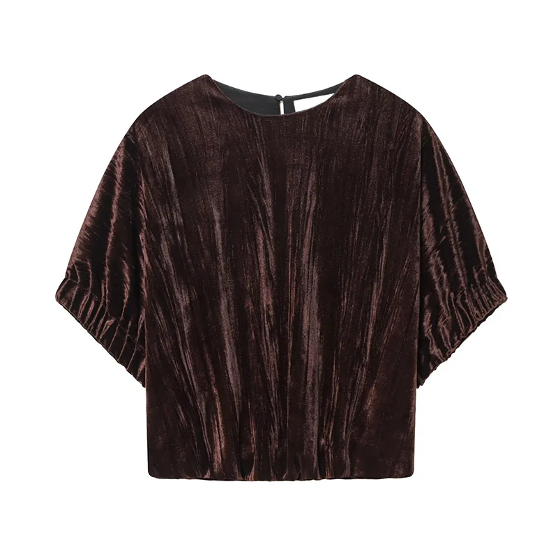 

YENKYE Spring 2026 Velvet Balloon Top For Women Short Sleeve Round Neck Brown Vintage Blouse Loose