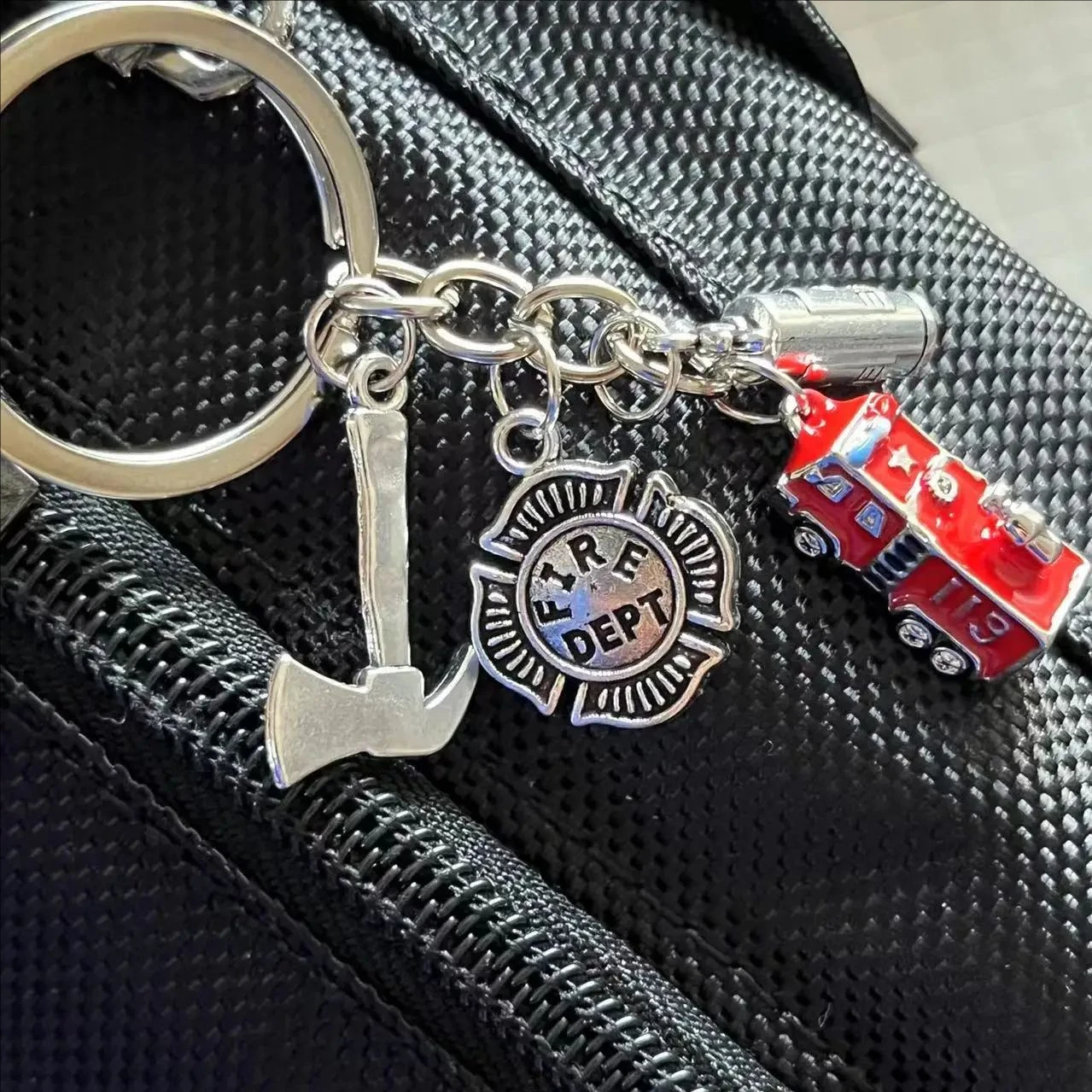 Fire Engine Fire Extinguisher Axe Fire Cap Fire Dept Fireman Firefighter KeyChain KeyRing Man Accessories Jewelry Pendant