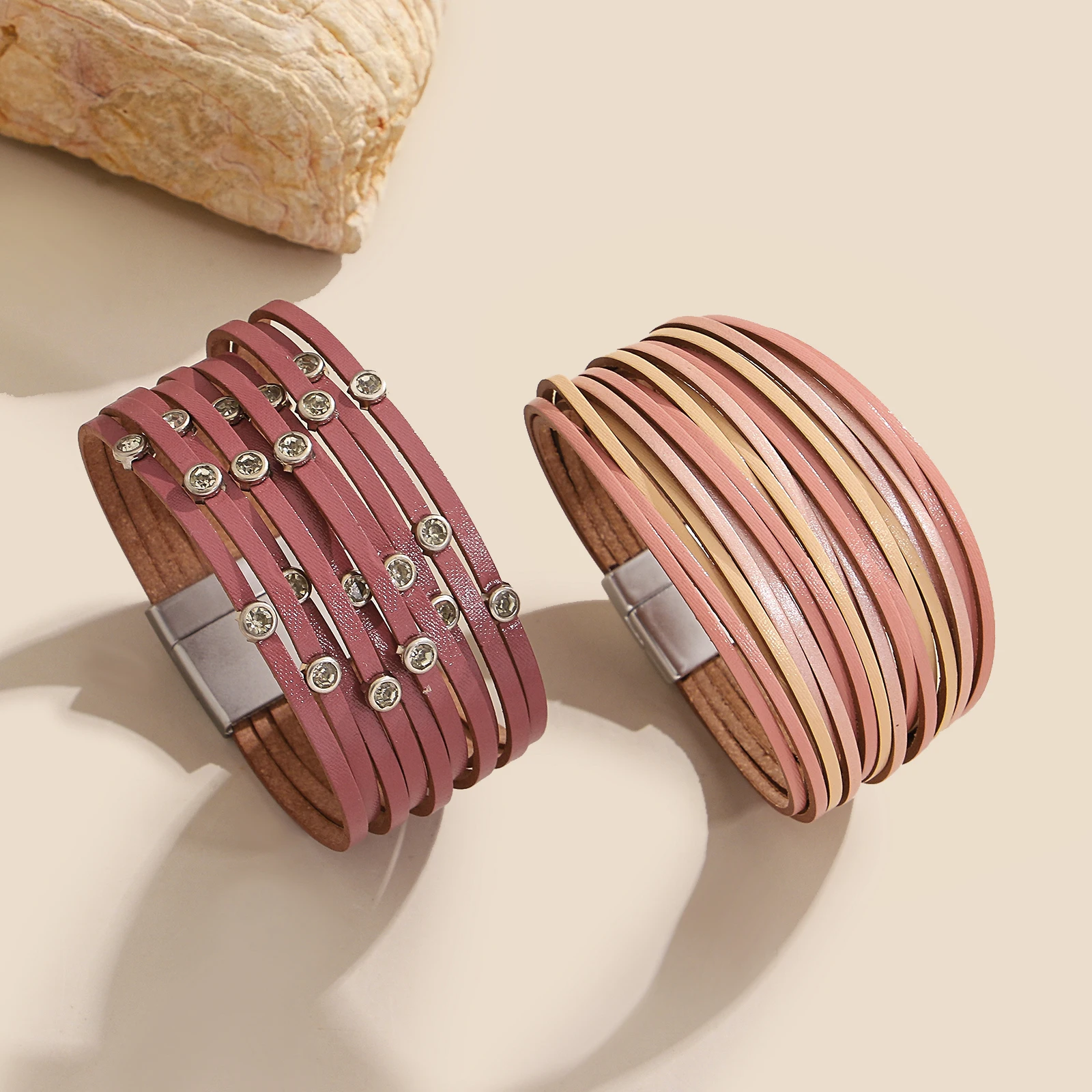 

Amorcome Bohemian Leather Bracelet for Women With Rhinestone Inlay Multilayer Winding Fine Chain Bangle Daily Wear Jewelry Gift