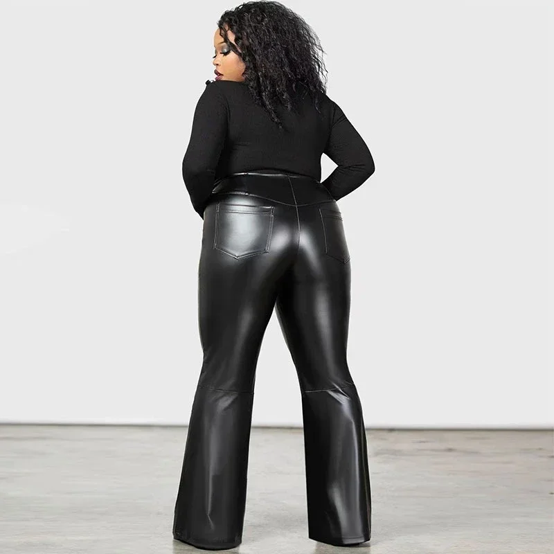 Plus Size Stretch Bodycon Pu Trousers 7XL Women High Waist Black Faux Leather Flare Pants Custom 6XL Office Lady Slim Pants New