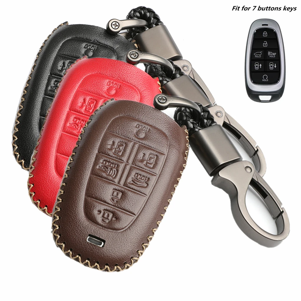 WFMJ Leather for Hyundai Sonata Santa FE 2020 2021 2022 Smart Remote 7 Buttons Key Fob Case Keychain Cover Chain