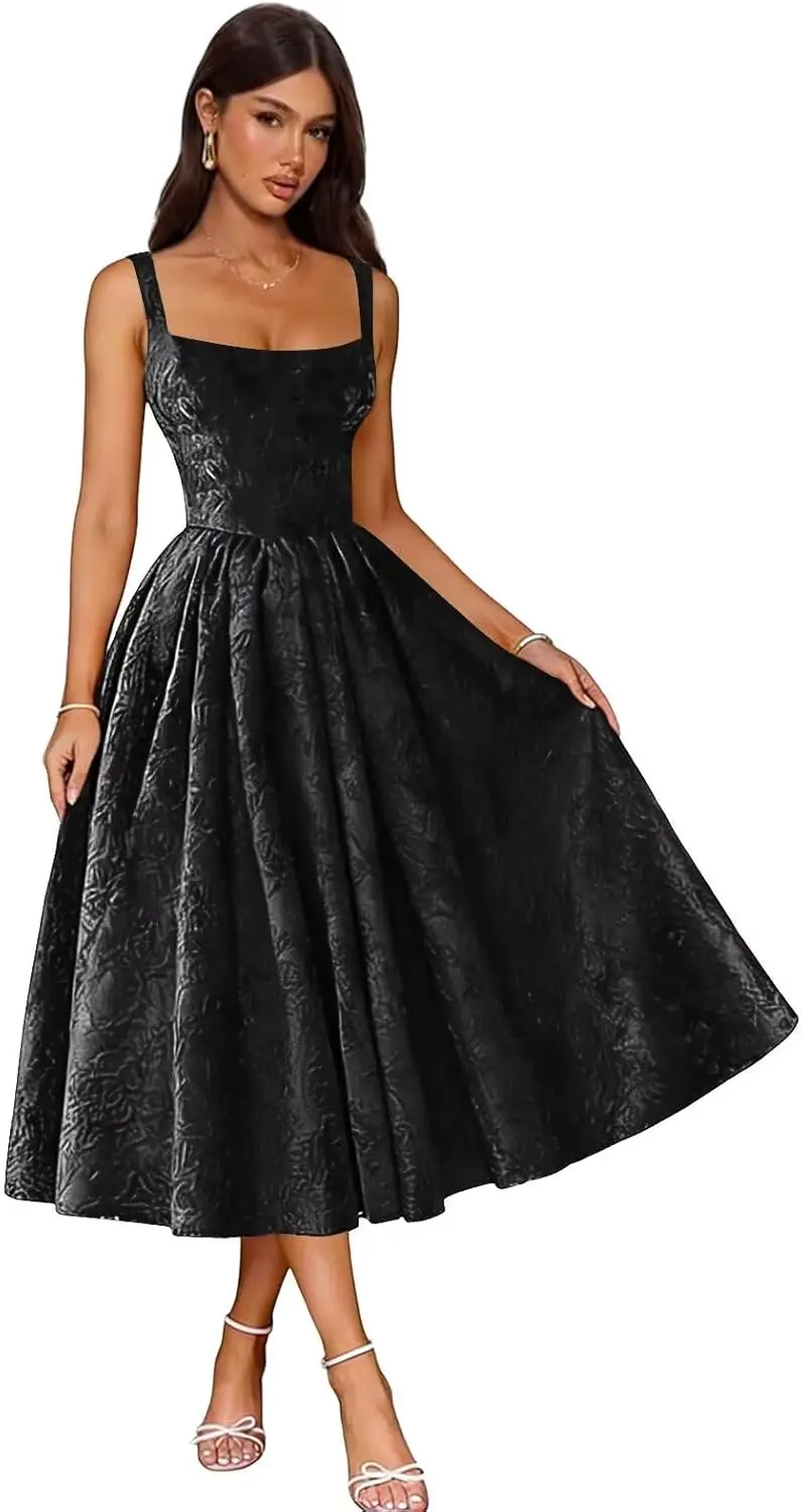 

Jacquard Satin Prom Dress 2026 Floral Square Neck Tea Length Ruched Elegant Formal Ball Gown with Pockets Evening Party Dresses