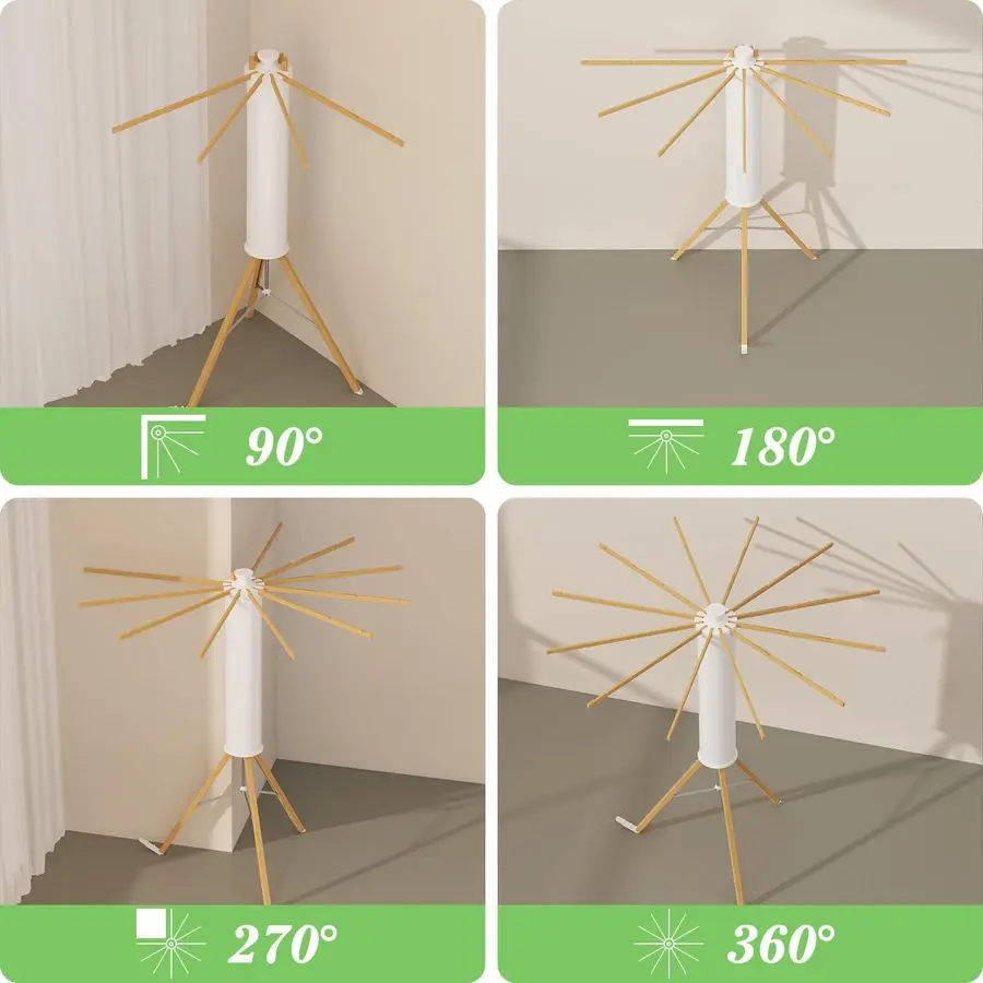 Tripod Drying Rack Portable, Foldable Drying Rack Clothing with 12 Wood Drying Arms, Standing Laundry Hanger Rack Round Collapsi