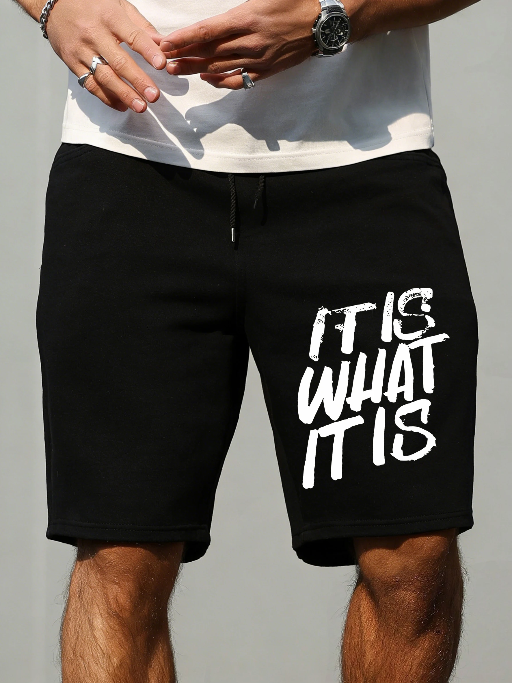 

It Is What It Is Art Letter Print Men'S Shorts Elasticity Drawstring Pant Gym Loose Swimming Trunks Summer Beach Sportswear