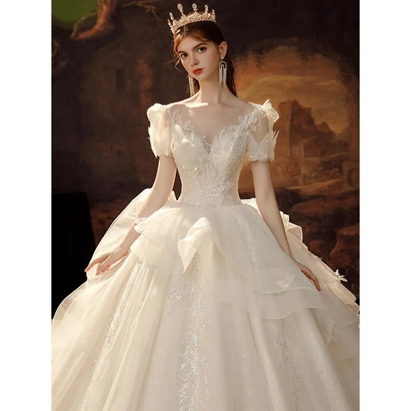 Robe de mariée A-ligne à paillettes de luxe, magnifique robe de mariée à col rond, tenue de soirée de princesse avec perles magnifiques