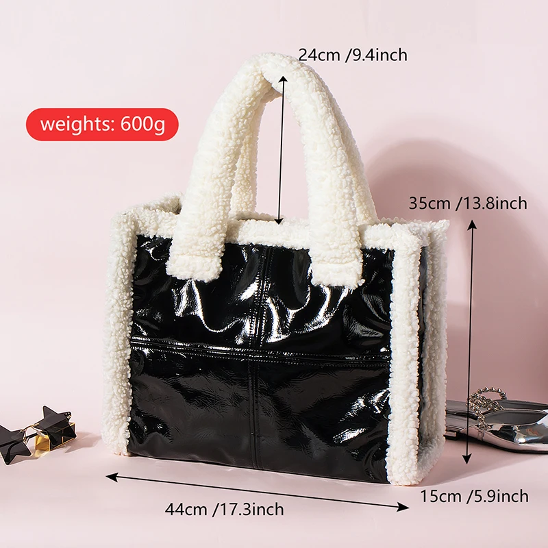 Winter Tote Bag for Women Stylish Fluffy Faux PU Leather Bag Large Capacity Satchel Casual Handbags with Double Top Handles