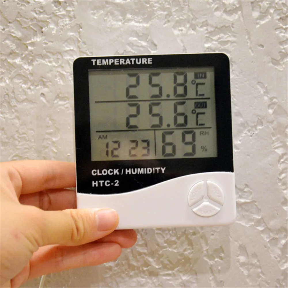 LCD Digital Temperature Humidity Meter HTC-2 Home Indoor Outdoor hygrometer thermometer Weather Station with Clock