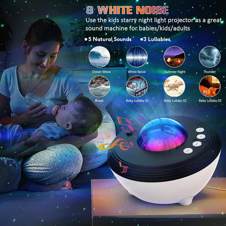 AMORNO Northern Lights Star Projector – Bluetooth Speaker, Remote Control, 10 Lighting Effects, 3 Brightness Levels – Galaxy Night Light For Bedroom, Home Theater, Kids Room