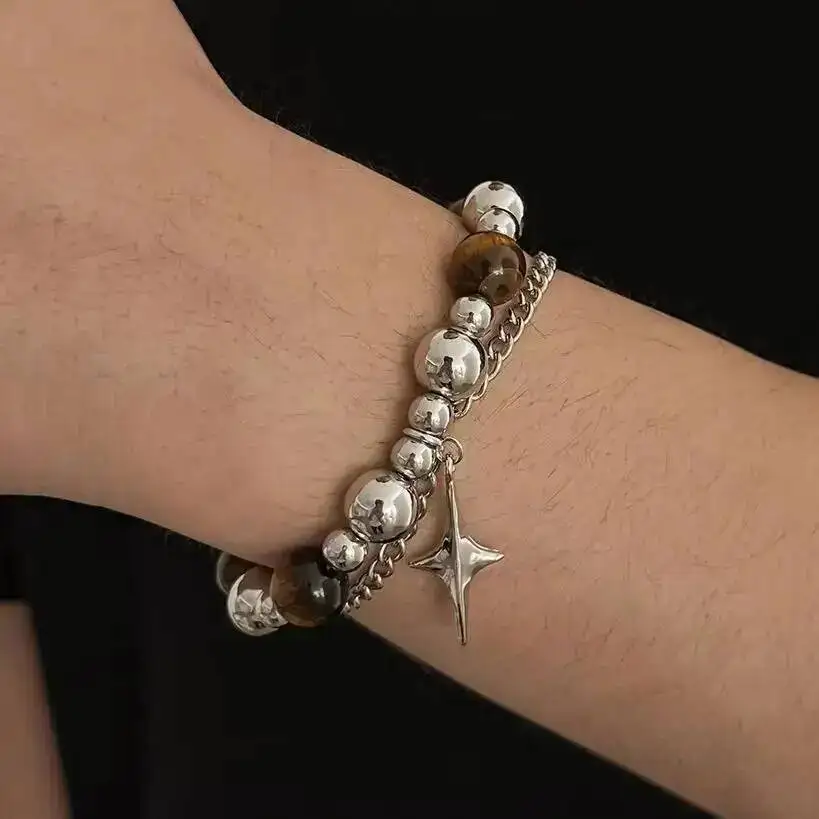 SHIXIN New Fashion Hip Hop Natural Stone Beaded Cuban Chain Bracelet Four-pointed Star Pendant for Men Trendy Aesthetic Jewelry